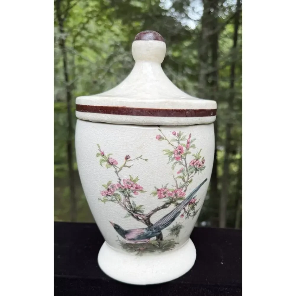 Antique Porcelain Jar & Lid With Bird & Cherry Blossom Tree Marked USA